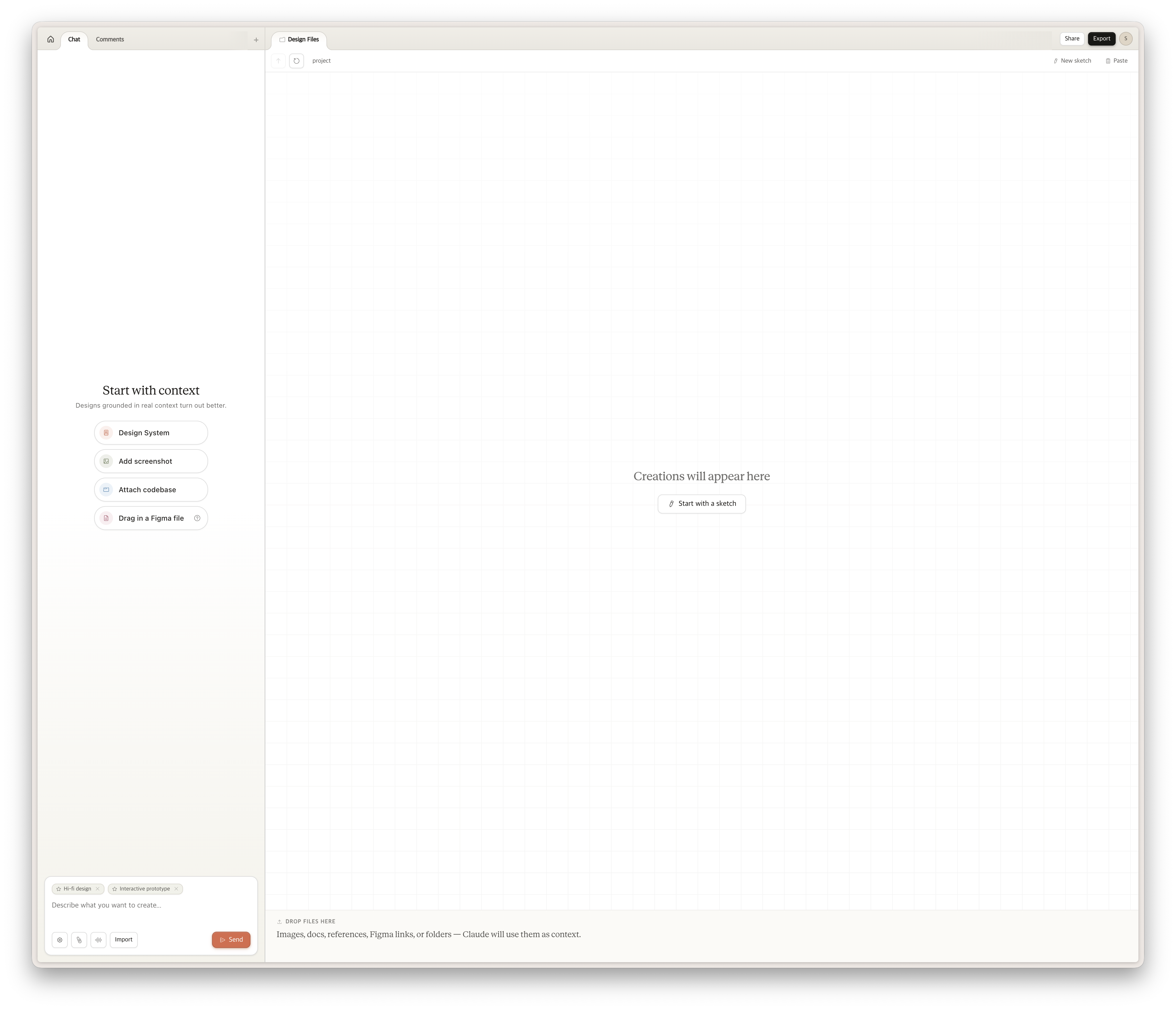 Claude Design - New project page